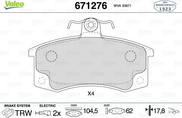 Valeo 671276 - Тормозные колодки, дисковые, комплект autodnr.net