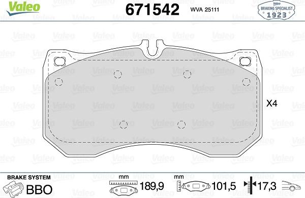 Valeo 671542 - Тормозные колодки, дисковые, комплект avtokuzovplus.com.ua