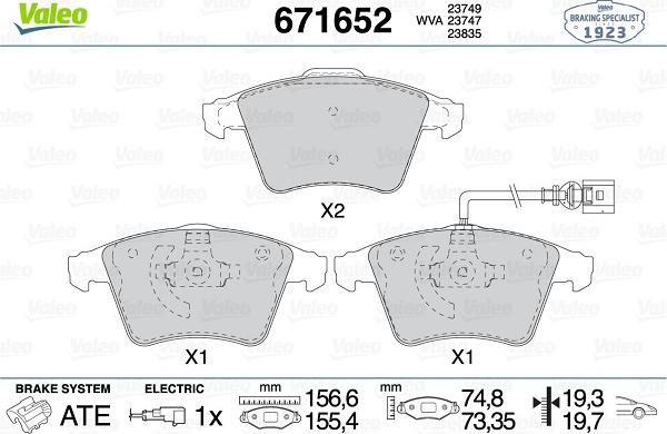 Valeo 671652 - Гальмівні колодки, дискові гальма autocars.com.ua