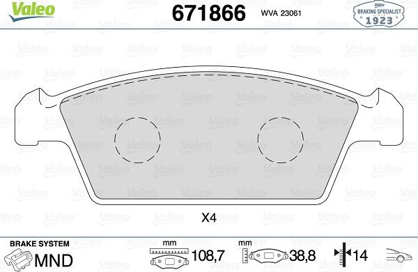 Valeo 671866 - Тормозные колодки, дисковые, комплект avtokuzovplus.com.ua