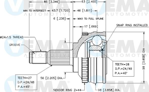 VEMA 18254 - Шарнирный комплект, ШРУС, приводной вал avtokuzovplus.com.ua