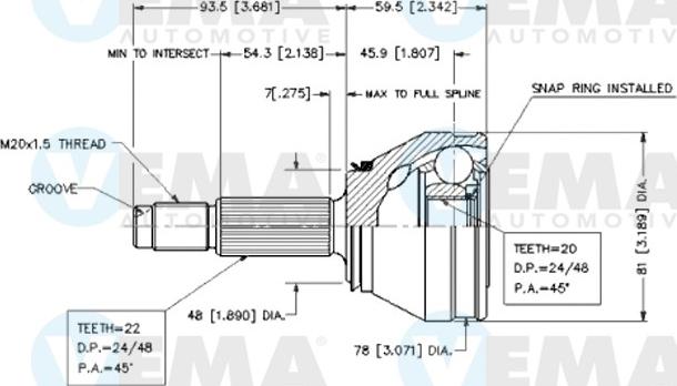 VEMA 18401 - Шарнірний комплект, ШРУС, приводний вал autocars.com.ua