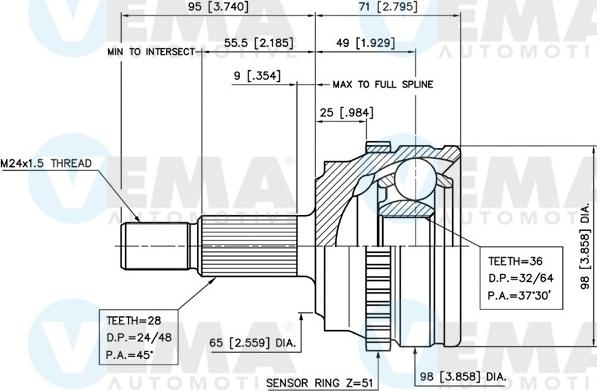 VEMA 18814 - Шарнирный комплект, ШРУС, приводной вал avtokuzovplus.com.ua