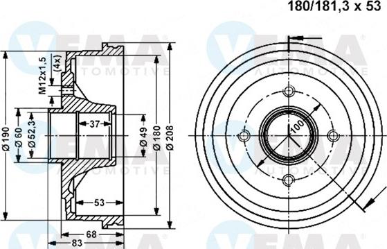 VEMA 800833 - Гальмівний барабан autocars.com.ua