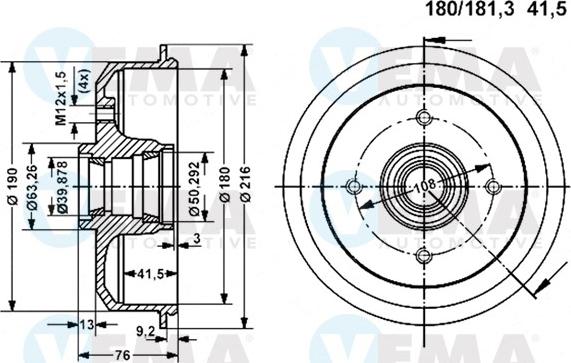 VEMA 800937 - Гальмівний барабан autocars.com.ua