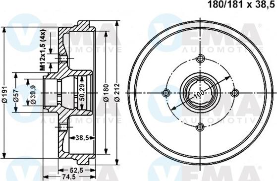 VEMA 800973 - Гальмівний барабан autocars.com.ua