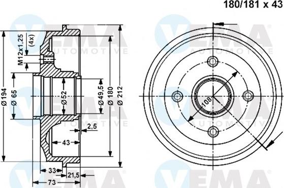 VEMA 800998 - Гальмівний барабан autocars.com.ua