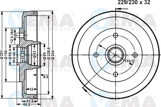 VEMA 801356 - Гальмівний барабан autocars.com.ua