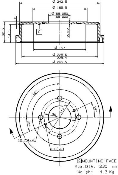 Villar 627.0165 - Гальмівний барабан autocars.com.ua
