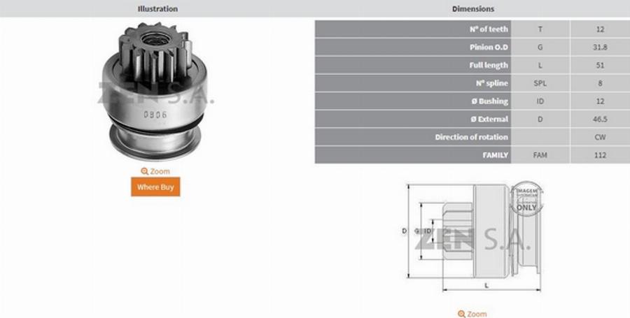 ZEN 0806 - Провідна шестерня, стартер autocars.com.ua