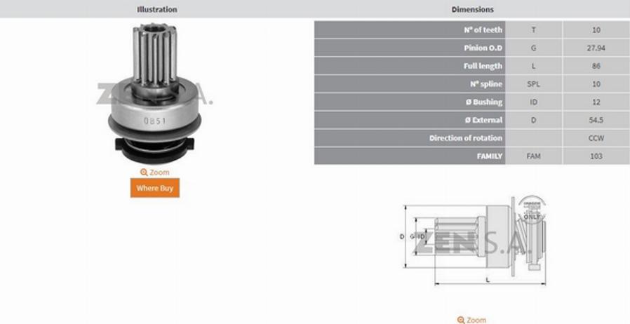 ZEN 0851 - Ведущая шестерня, стартер autodnr.net