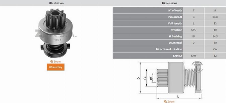 ZEN 1038 - Ведущая шестерня, стартер avtokuzovplus.com.ua