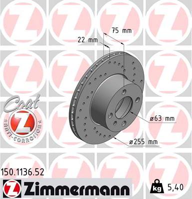 Zimmermann 150.1136.52 - Гальмівний диск autocars.com.ua