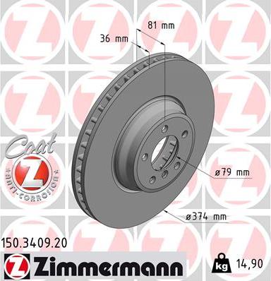 Zimmermann 150.3409.20 - Гальмівний диск autocars.com.ua