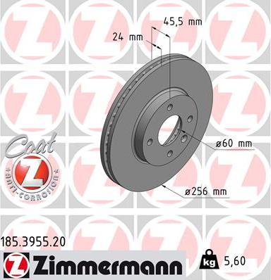 Zimmermann 185.3955.20 - Гальмівний диск autocars.com.ua