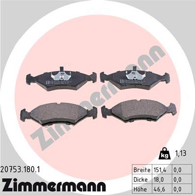 Zimmermann 20753.180.1 - Тормозные колодки, дисковые, комплект avtokuzovplus.com.ua