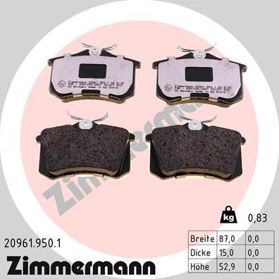 Zimmermann 20961.950.1 - Тормозные колодки, дисковые, комплект avtokuzovplus.com.ua
