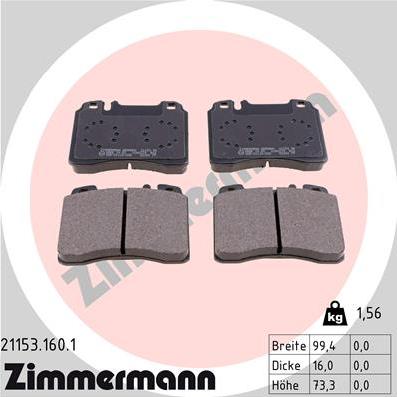 Zimmermann 21153.160.1 - Тормозные колодки, дисковые, комплект avtokuzovplus.com.ua