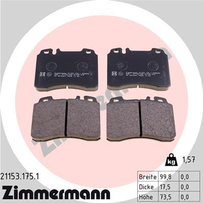 Zimmermann 21153.175.1 - Тормозные колодки, дисковые, комплект avtokuzovplus.com.ua