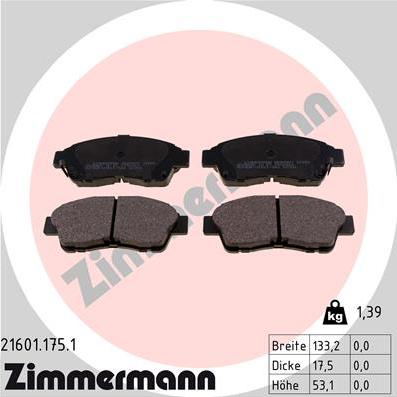Zimmermann 21601.175.1 - Тормозные колодки, дисковые, комплект avtokuzovplus.com.ua