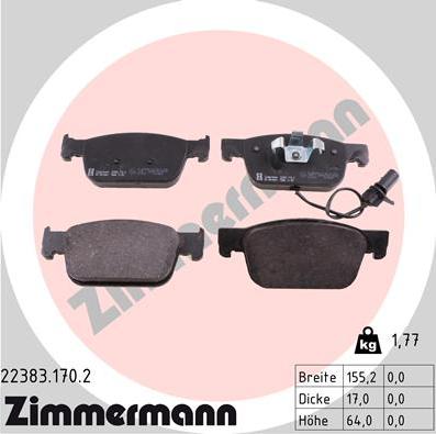 Zimmermann 22383.170.2 - Гальмівні колодки, дискові гальма autocars.com.ua