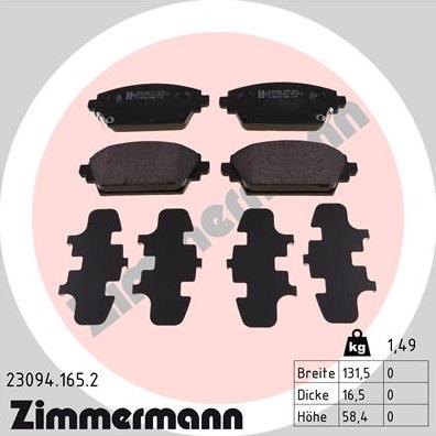 Zimmermann 23094.165.2 - Гальмівні колодки, дискові гальма autocars.com.ua