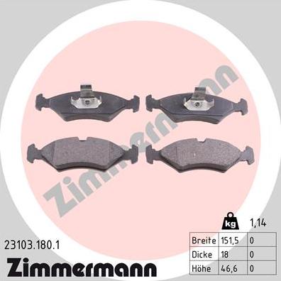 Zimmermann 23103.180.1 - Тормозные колодки, дисковые, комплект avtokuzovplus.com.ua