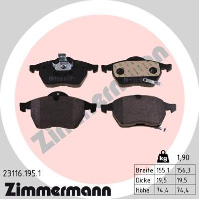 Zimmermann 23116.195.1 - Тормозные колодки, дисковые, комплект avtokuzovplus.com.ua