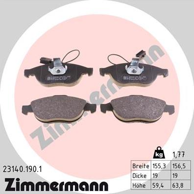 Zimmermann 23140.190.1 - Гальмівні колодки, дискові гальма autocars.com.ua