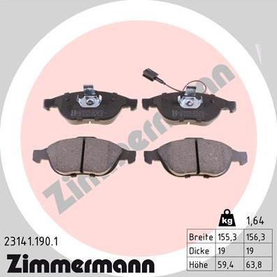 Zimmermann 23141.190.1 - Гальмівні колодки, дискові гальма autocars.com.ua