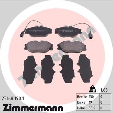 Zimmermann 23168.190.1 - Гальмівні колодки, дискові гальма autocars.com.ua
