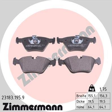 Zimmermann 23183.195.9 - Тормозные колодки, дисковые, комплект avtokuzovplus.com.ua