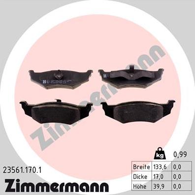 Zimmermann 23561.170.1 - Тормозные колодки, дисковые, комплект avtokuzovplus.com.ua