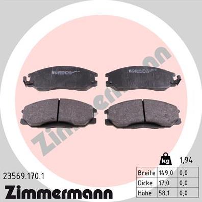 Zimmermann 23569.170.1 - Тормозные колодки, дисковые, комплект avtokuzovplus.com.ua