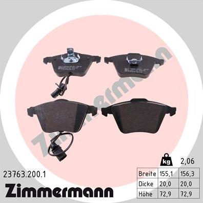 Zimmermann 23763.200.1 - Тормозные колодки, дисковые, комплект avtokuzovplus.com.ua