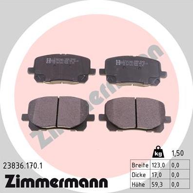 Zimmermann 23836.170.1 - Тормозные колодки, дисковые, комплект avtokuzovplus.com.ua