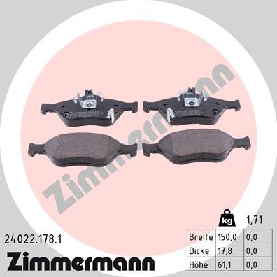 Zimmermann 24022.178.1 - Гальмівні колодки, дискові гальма autocars.com.ua