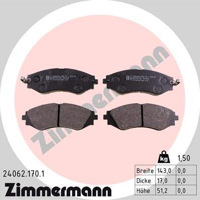 Zimmermann 24062.170.1 - Тормозные колодки, дисковые, комплект avtokuzovplus.com.ua