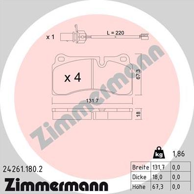 Zimmermann 24261.180.2 - Тормозные колодки, дисковые, комплект avtokuzovplus.com.ua