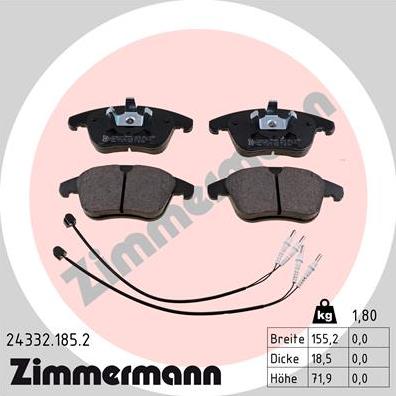 Zimmermann 24332.185.2 - Тормозные колодки, дисковые, комплект avtokuzovplus.com.ua