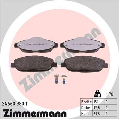 Zimmermann 24660.980.1 - Тормозные колодки, дисковые, комплект autodnr.net