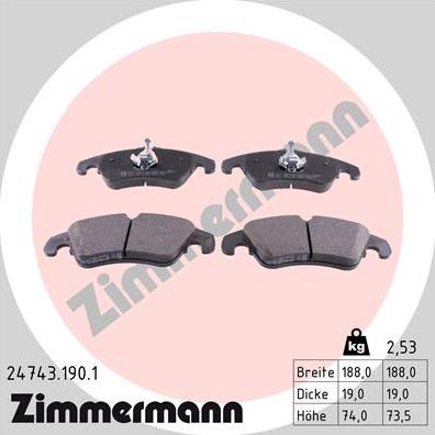 Zimmermann 24743.190.1 - Гальмівні колодки, дискові гальма autocars.com.ua