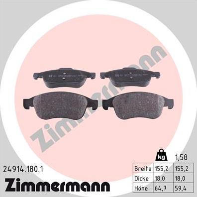 Zimmermann 24914.180.1 - Тормозные колодки, дисковые, комплект autodnr.net