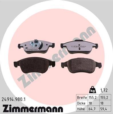 Zimmermann 24914.980.1 - Гальмівні колодки, дискові гальма autocars.com.ua