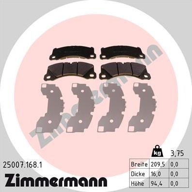 Zimmermann 25007.168.1 - Тормозные колодки, дисковые, комплект avtokuzovplus.com.ua