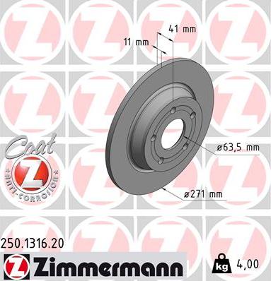 Zimmermann 250.1316.20 - Гальмівний диск autocars.com.ua