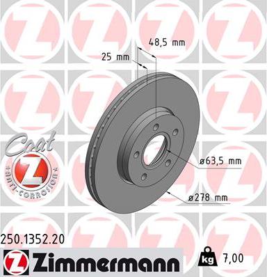 Zimmermann 250.1352.20 - Гальмівний диск autocars.com.ua