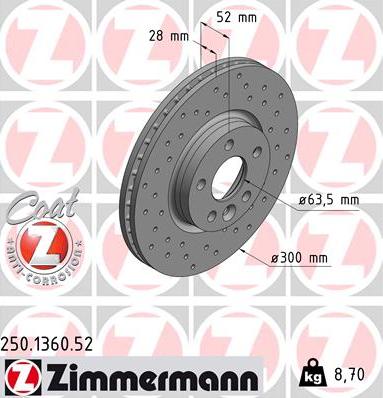 Zimmermann 250.1360.52 - Гальмівний диск autocars.com.ua