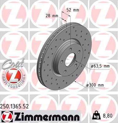 Zimmermann 250.1365.52 - Гальмівний диск autocars.com.ua