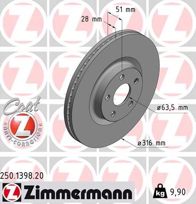 Zimmermann 250.1398.20 - Тормозной диск avtokuzovplus.com.ua